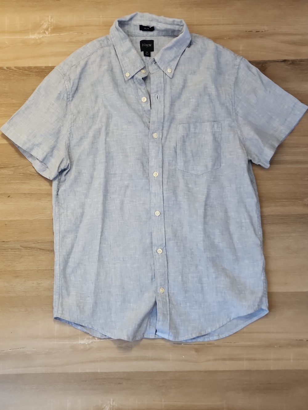 J.Crew Men's Linen Blend Short Sleeved Button Down Chambray Blue